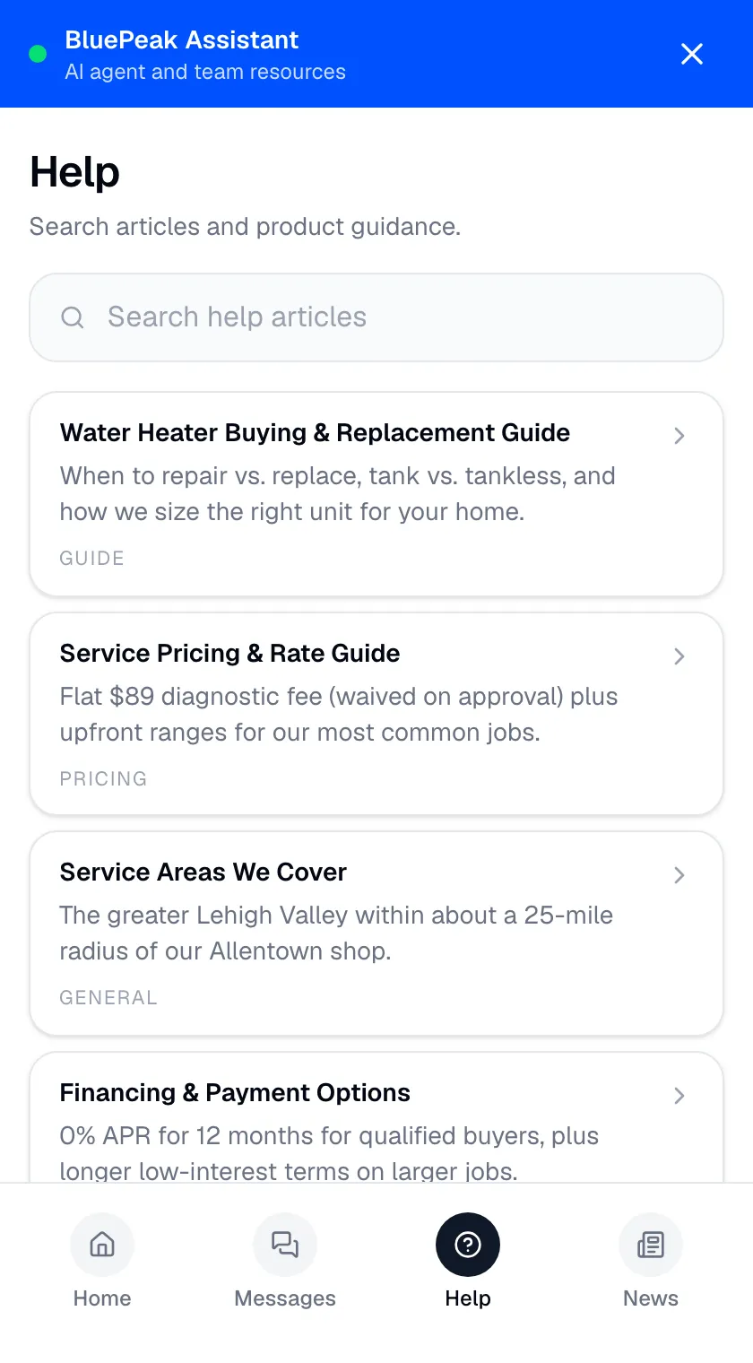 Chat widget help center hub embedded on a website