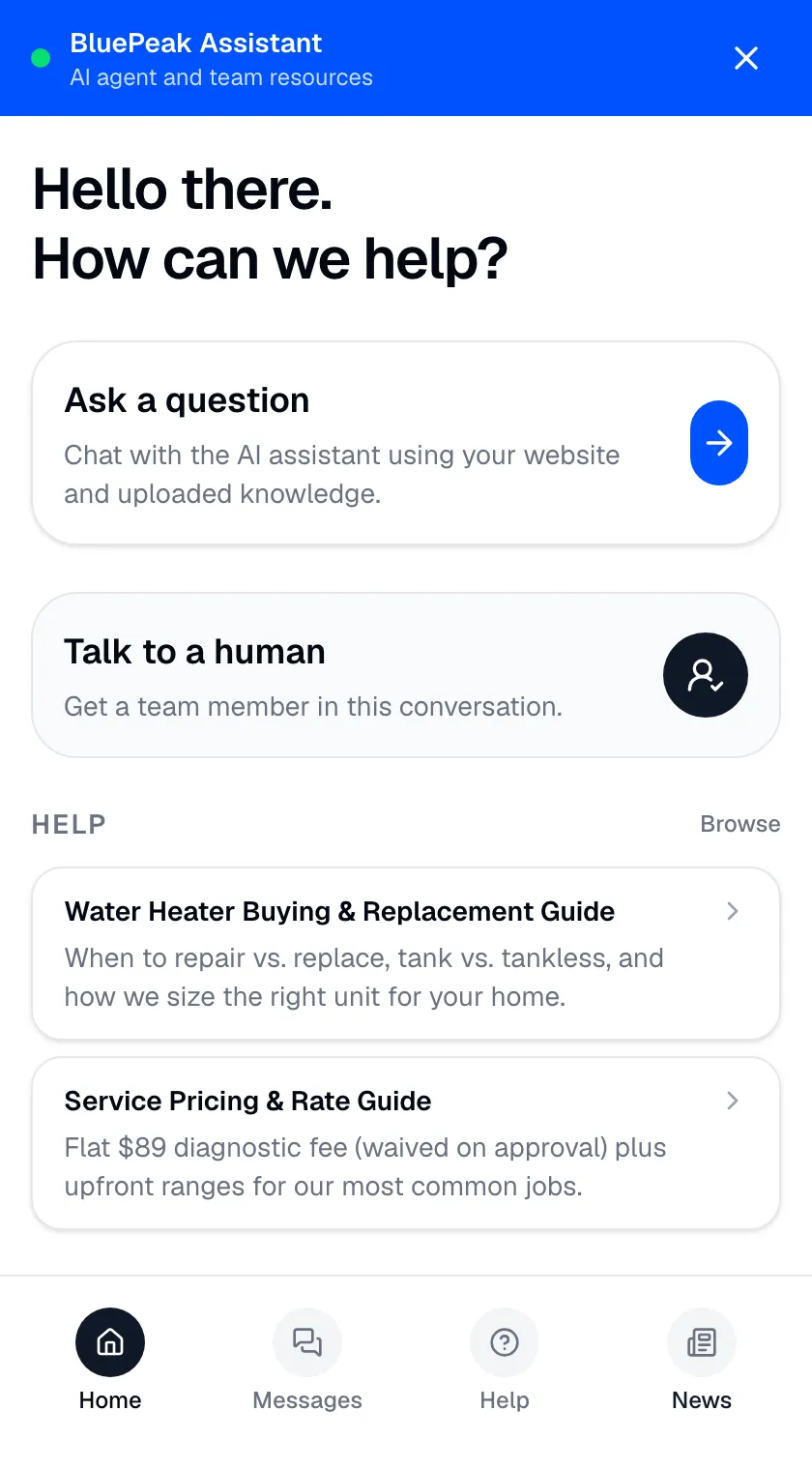 Zurvo chat widget hub home showing Ask a question, Talk to a human, and featured help and news for visitors