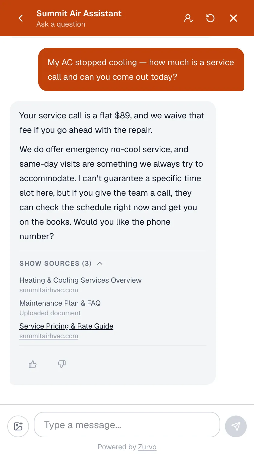 Zurvo answering an HVAC customer's question on the company's website