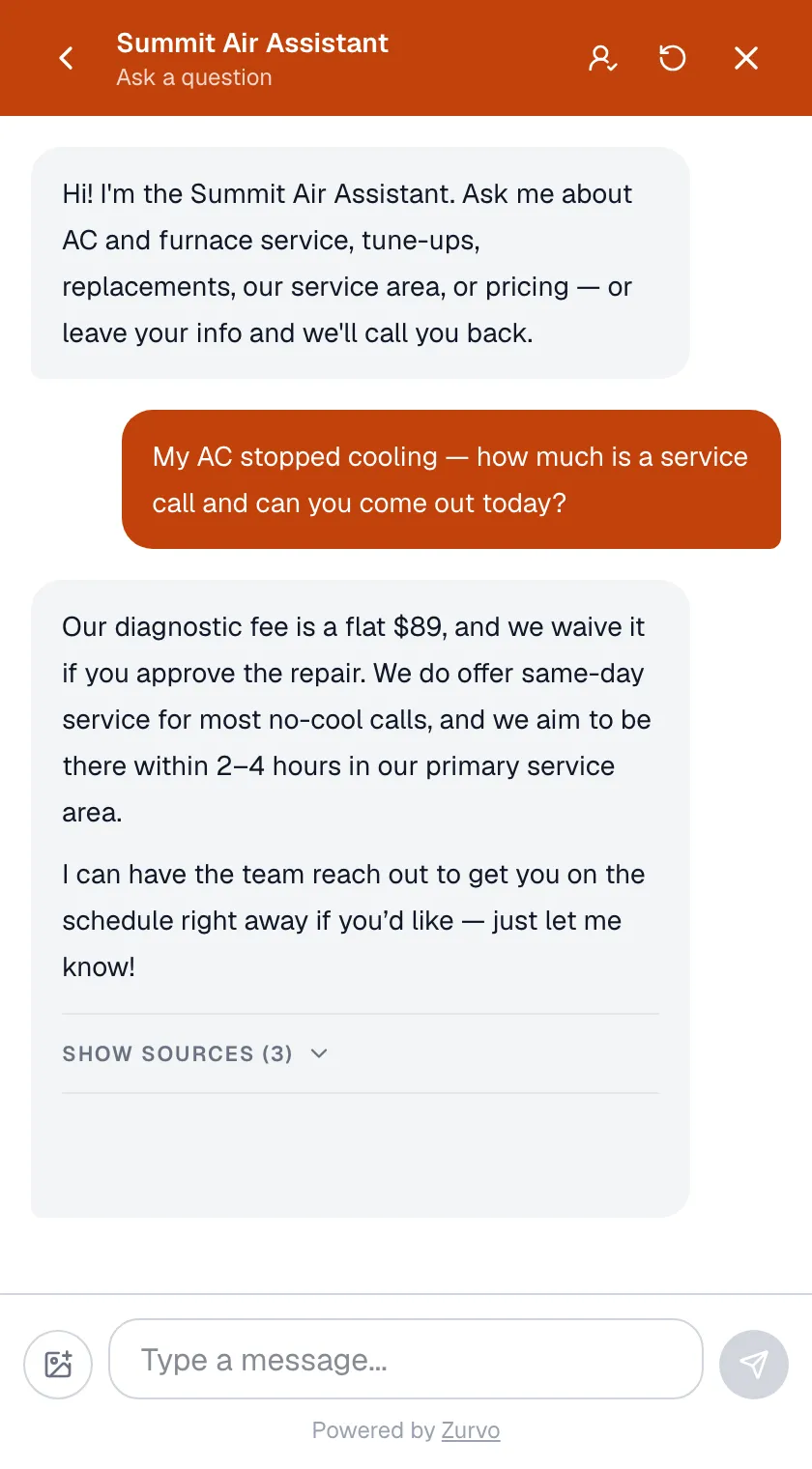 An HVAC customer sending a photo of their unit in the Zurvo chat