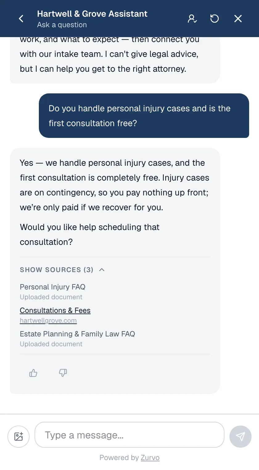 Zurvo answering a consultation question on a law firm's website with the source page cited