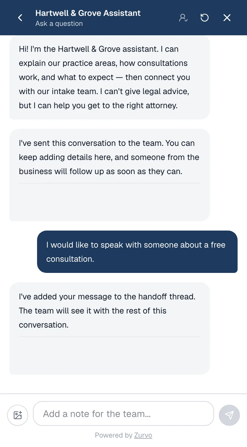 Zurvo confirming to a visitor on a law firm's site that their inquiry has been sent to the intake team