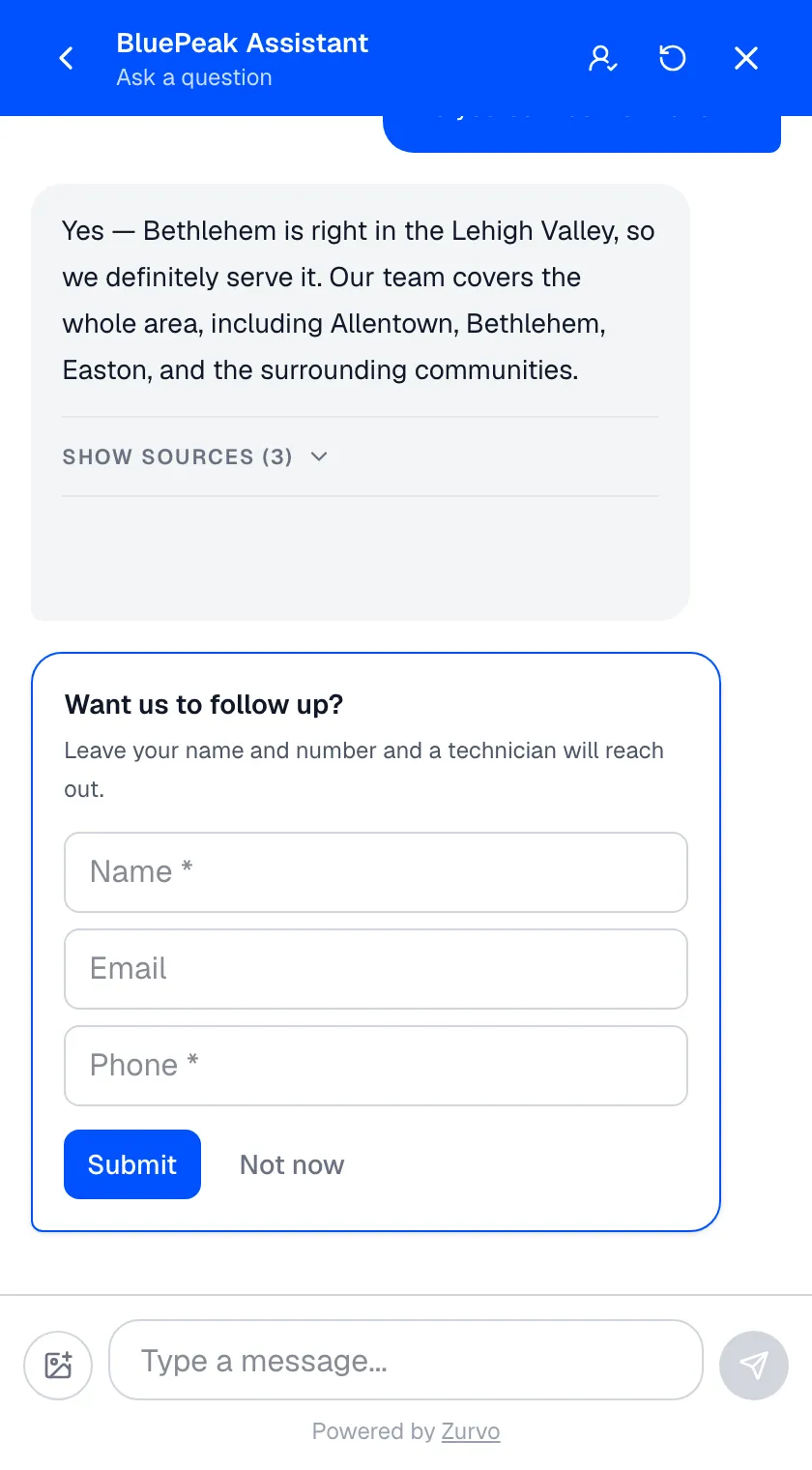 Zurvo capturing a marketing visitor's name and contact inside the chat