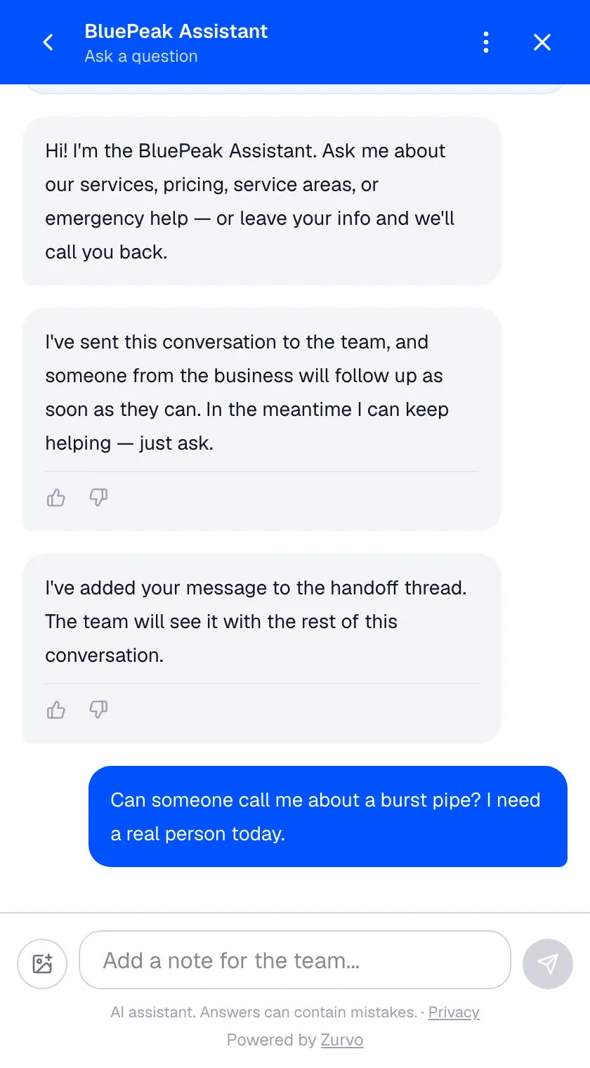 Zurvo chat widget handing a website conversation off to the human team after the AI answered first