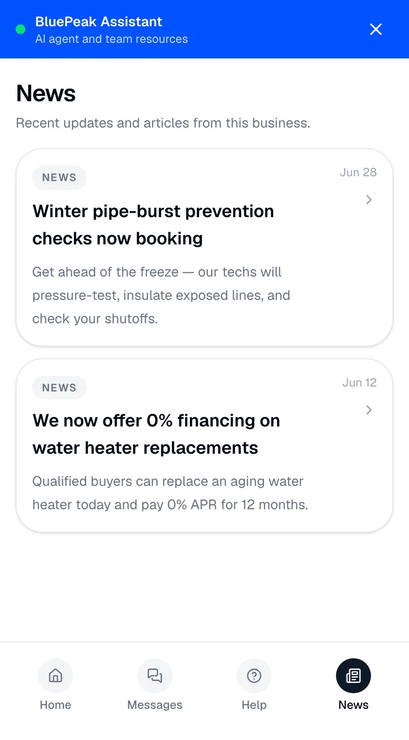 Zurvo widget news feed with product updates and announcements