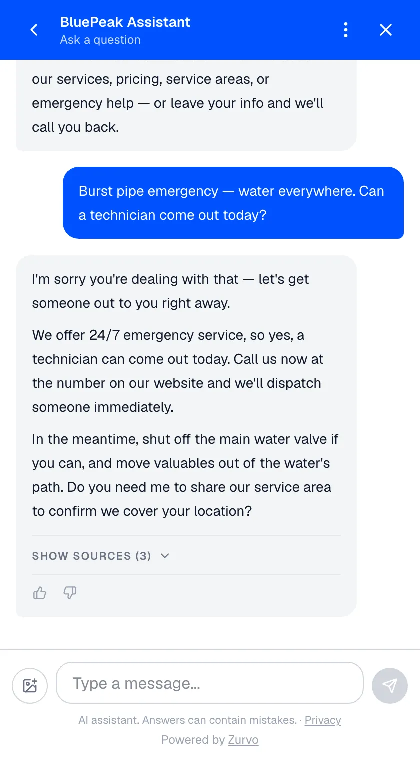 Zurvo chat widget handling a website visitor's burst-pipe emergency while the crew is out on a job