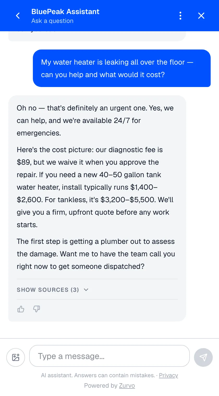 Zurvo chat widget helping a website visitor with a leaking water heater, giving upfront cost ranges and offering to dispatch a plumber