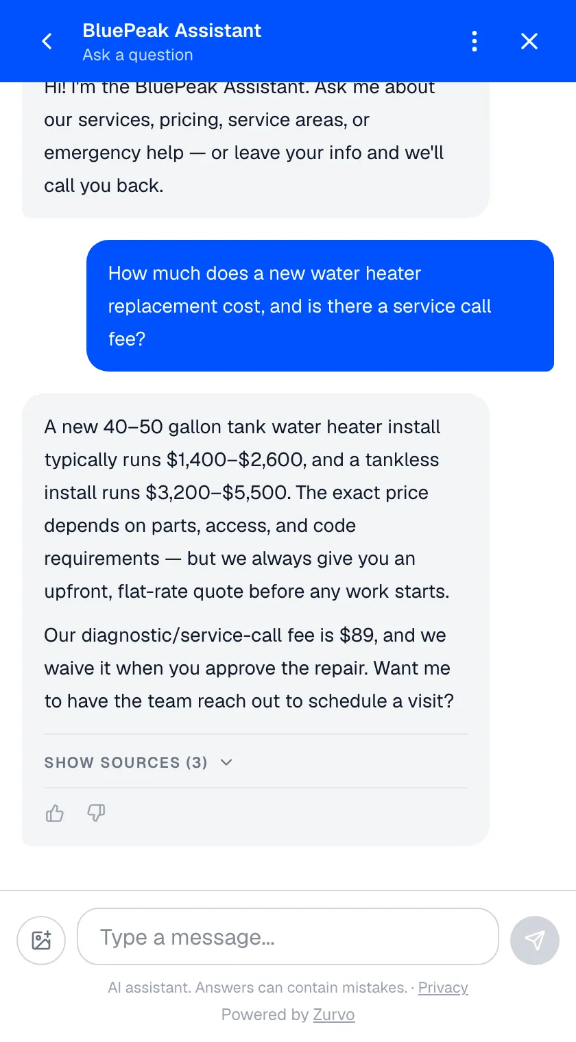 Zurvo chat widget answering a website visitor's pricing question with upfront cost ranges and a flat service-call fee