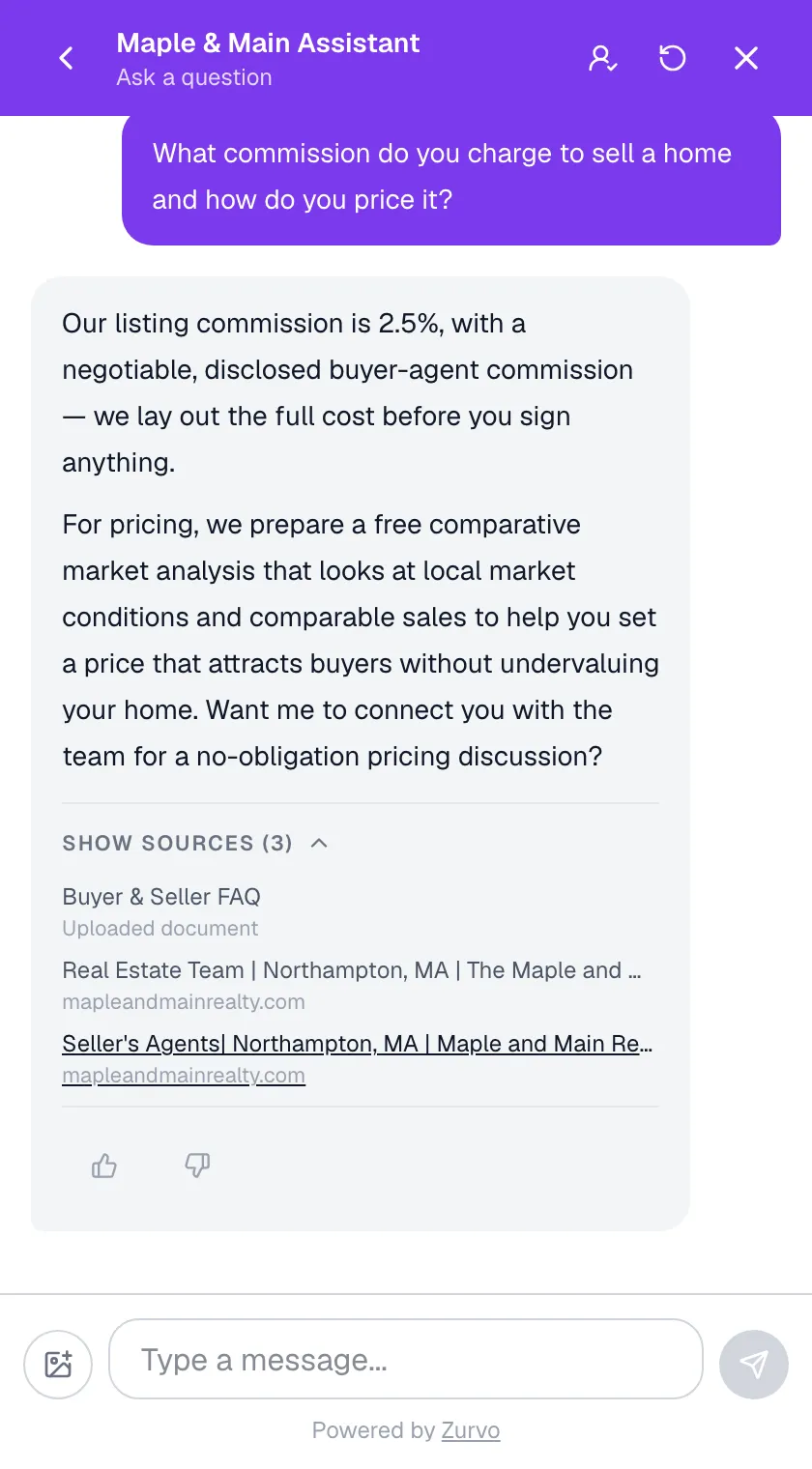 Zurvo answering a seller's pricing question on a real estate website with the source shown