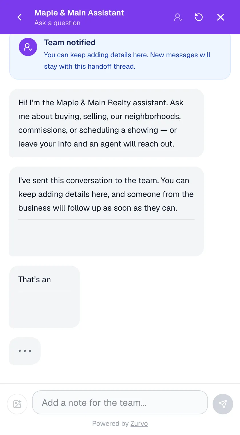Zurvo passing a real estate lead to an agent with the details attached