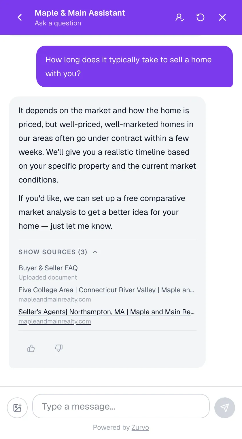 Zurvo answering a real estate listing question on a brokerage website