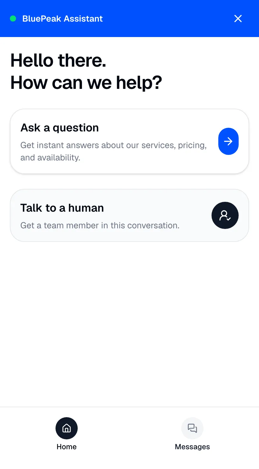 Zurvo chat widget greeting a website visitor like a front-desk receptionist, offering to answer questions or connect them to a human