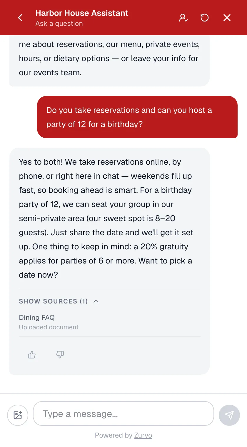 Zurvo answering a menu and dietary question on a restaurant website with the source shown