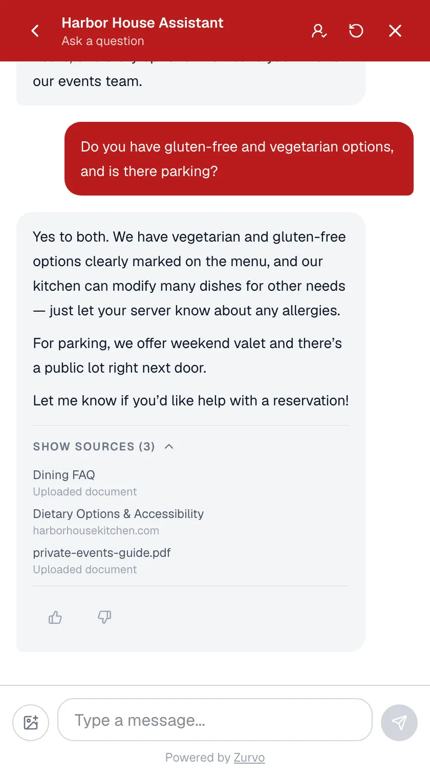 Zurvo answering an hours and parking question on a restaurant website