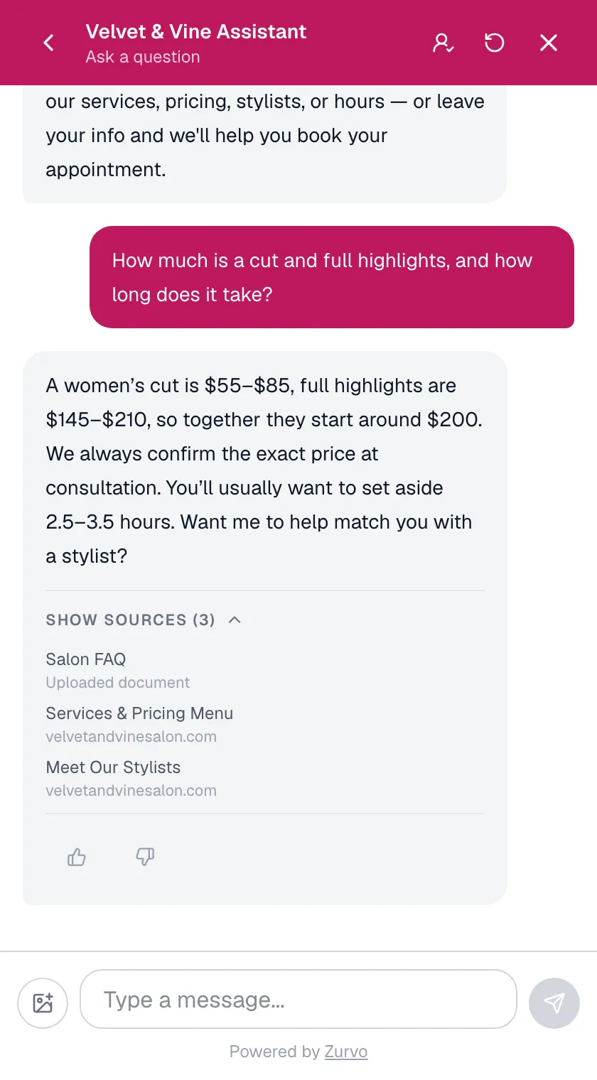 Zurvo answering a pricing question on a salon website with the source shown