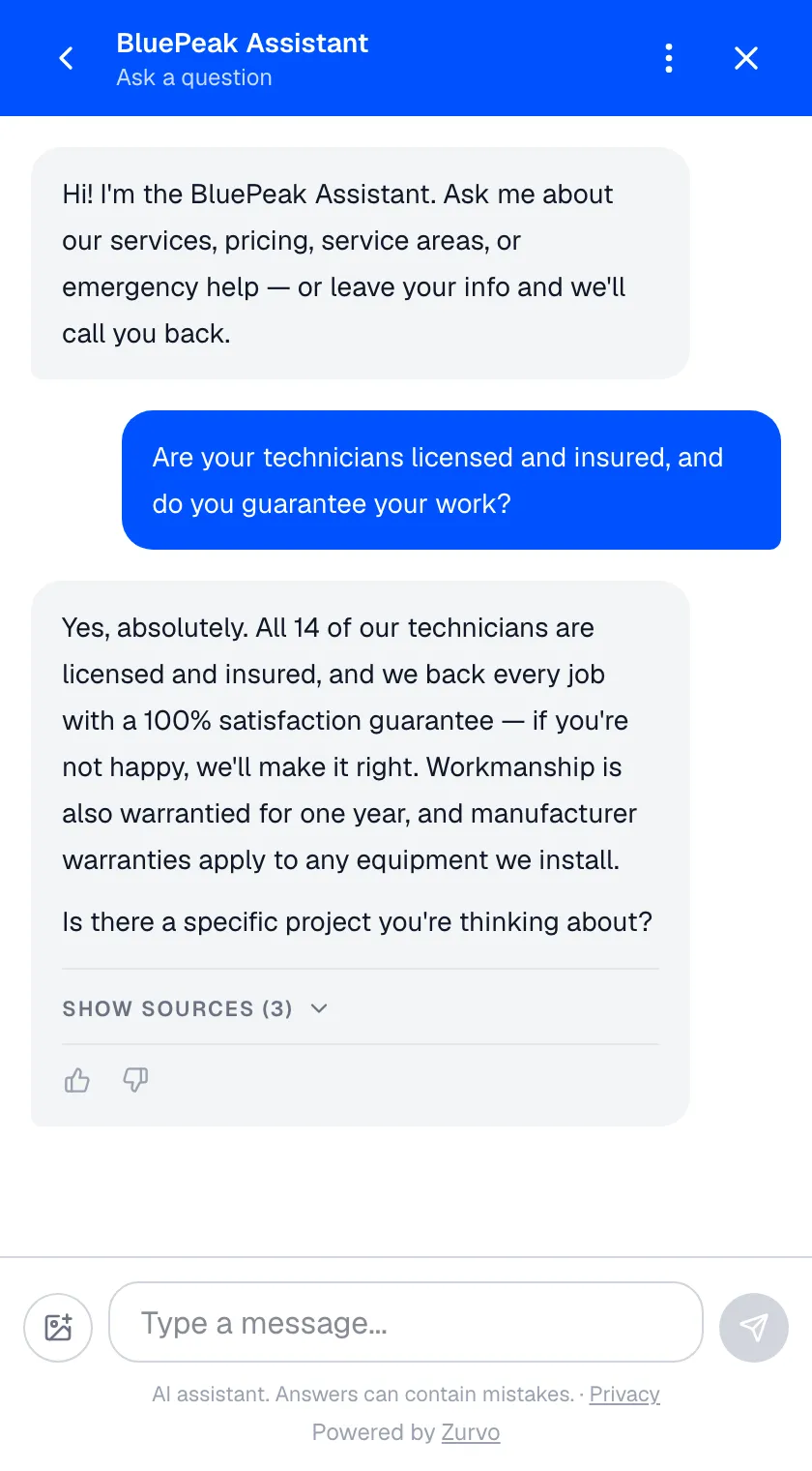 Zurvo chat widget answering a website visitor's licensing, insurance, and guarantee questions to build trust